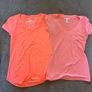 Two V-Neck Tees in Bright Coral and Soft Pink